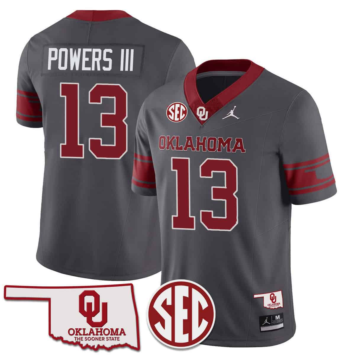 Men Oklahoma Sooners 13 Powers iii Grey 2024 SEC Patch Vapor Premier Limited NCAA Jersey